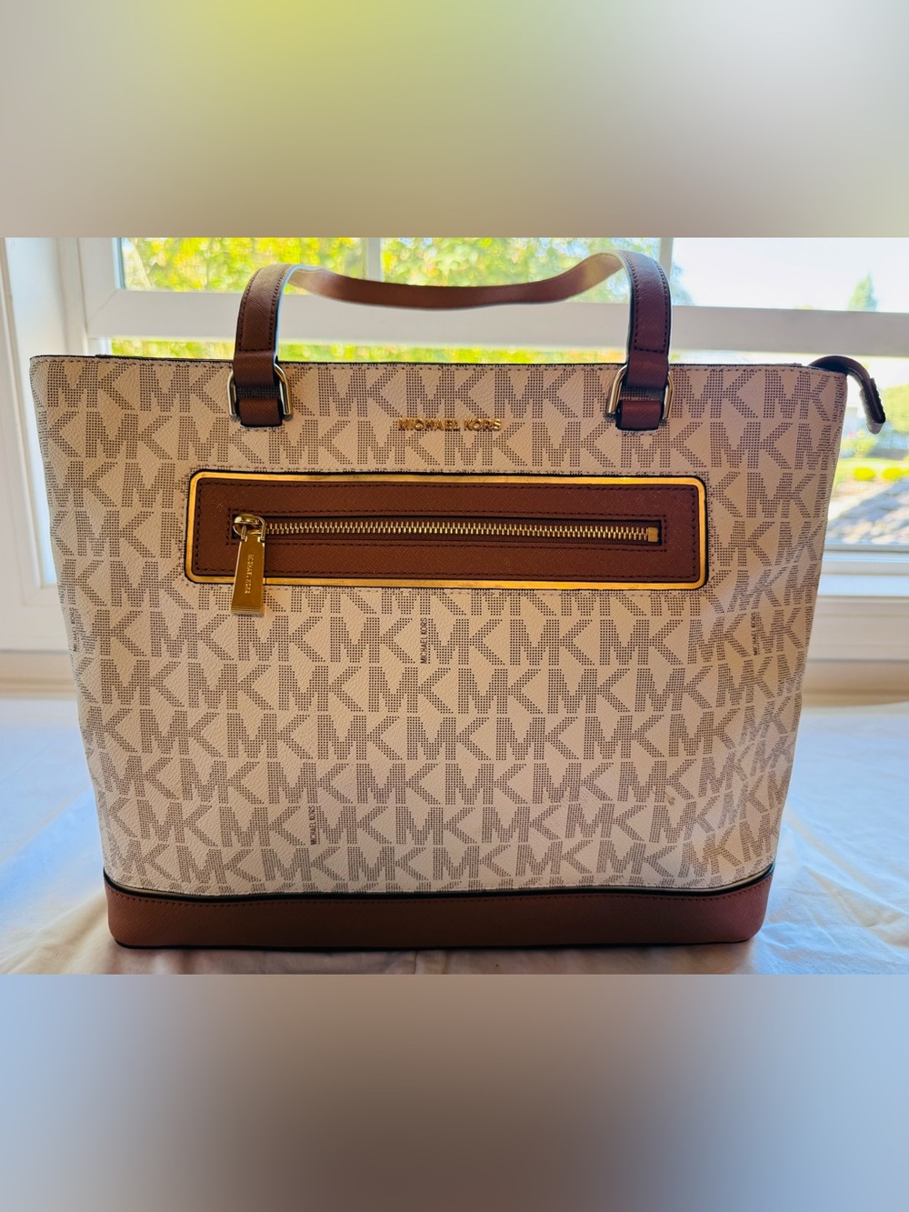Michael Kors Beige & Brown Logo Tote with Gold Hardware